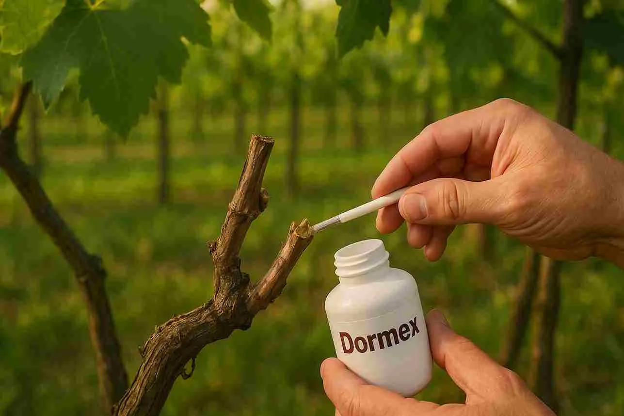 Petani mengoleskan Dormex dan salep luka pada batang anggur setelah pemangkasan.