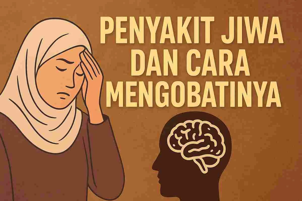Ilustrasi seorang muslimah berhijab memegang kepala dengan latar warna cokelat, melambangkan perenungan tentang penyakit jiwa dan cara mengobatinya dalam Islam.