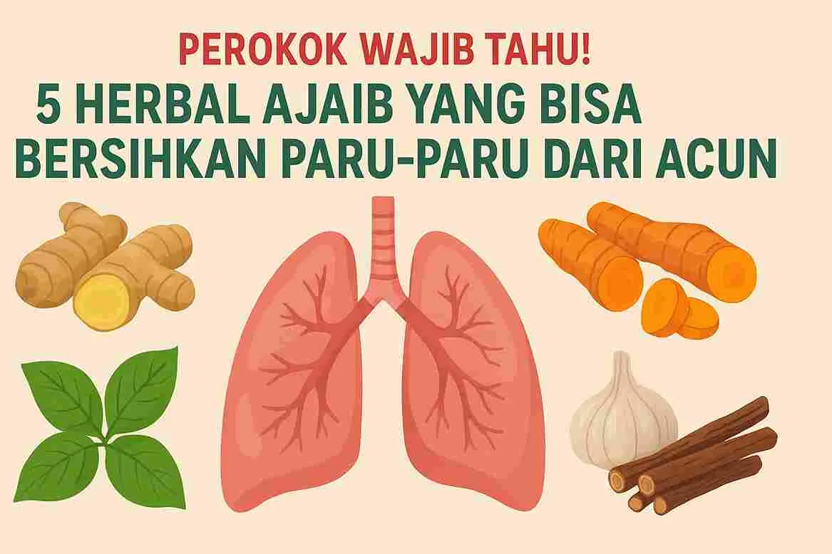 Ilustrasi paru-paru berwarna merah muda dikelilingi oleh lima bahan herbal seperti jahe, kunyit, daun sirih, bawang putih, dan akar manis, dengan teks “Perokok Wajib Tahu! 5 Herbal Ajaib yang Bisa Bersihkan Paru-Paru dari Racun”.