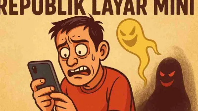 Ilustrasi satir seorang pria ketakutan menatap ponsel, dengan bayangan hantu digital di belakangnya, menggambarkan manusia yang diperbudak layar mini.