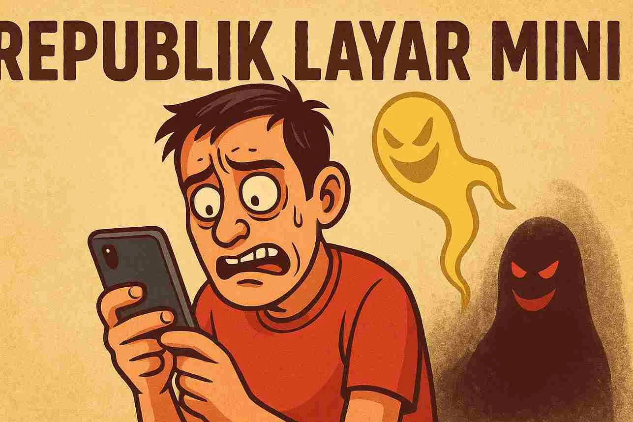 Ilustrasi satir seorang pria ketakutan menatap ponsel, dengan bayangan hantu digital di belakangnya, menggambarkan manusia yang diperbudak layar mini.