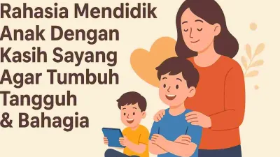 Ilustrasi seorang ibu tersenyum sambil memeluk dua anak laki-lakinya. Salah satu anak terlihat sedang bermain tablet, sedangkan yang lain tersenyum bahagia. Latar belakang berwarna krem dengan elemen hati dan daun, serta tulisan “Rahasia Mendidik Anak Dengan Kasih Sayang Agar Tumbuh Tangguh & Bahagia” di sisi kiri.