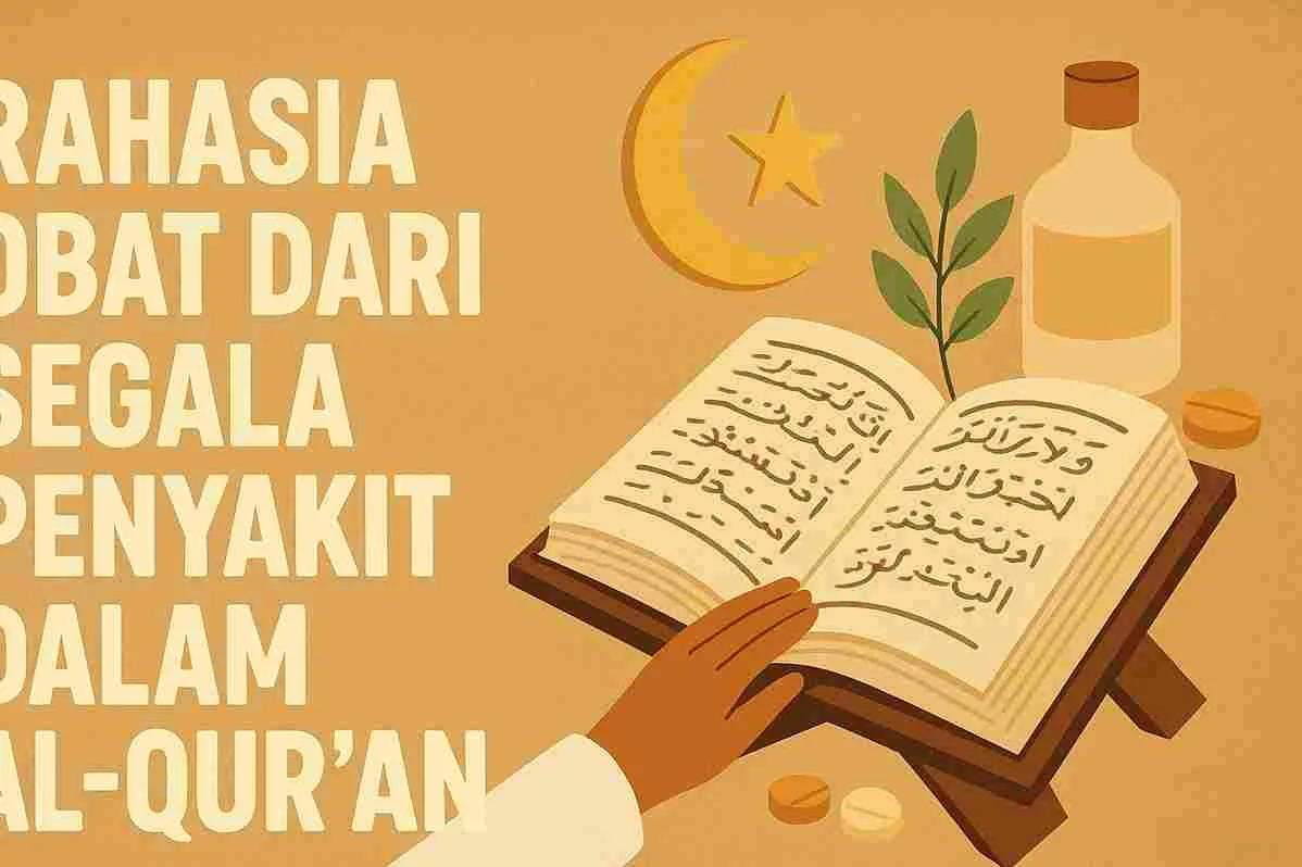 Ilustrasi Al-Qur’an terbuka di atas rehal dengan tangan seseorang menyentuh halamannya, di sampingnya terdapat botol obat, daun hijau, serta simbol bulan sabit dan bintang yang melambangkan Islam dan penyembuhan spiritual.
