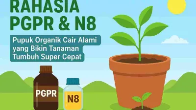Ilustrasi PGPR dan N8, pupuk organik cair alami yang membantu tanaman tumbuh cepat dan subur dengan latar taman hijau dan langit cerah.