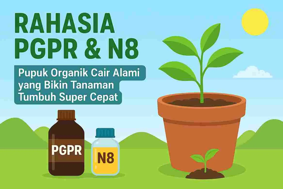 Ilustrasi PGPR dan N8, pupuk organik cair alami yang membantu tanaman tumbuh cepat dan subur dengan latar taman hijau dan langit cerah.