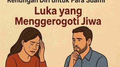 Ilustrasi seorang istri menangis di depan suaminya yang merenung, menggambarkan konflik batin dan empati dalam rumah tangga.