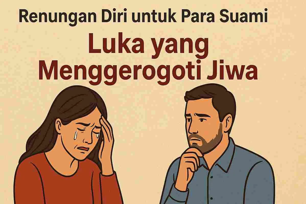 Ilustrasi seorang istri menangis di depan suaminya yang merenung, menggambarkan konflik batin dan empati dalam rumah tangga.