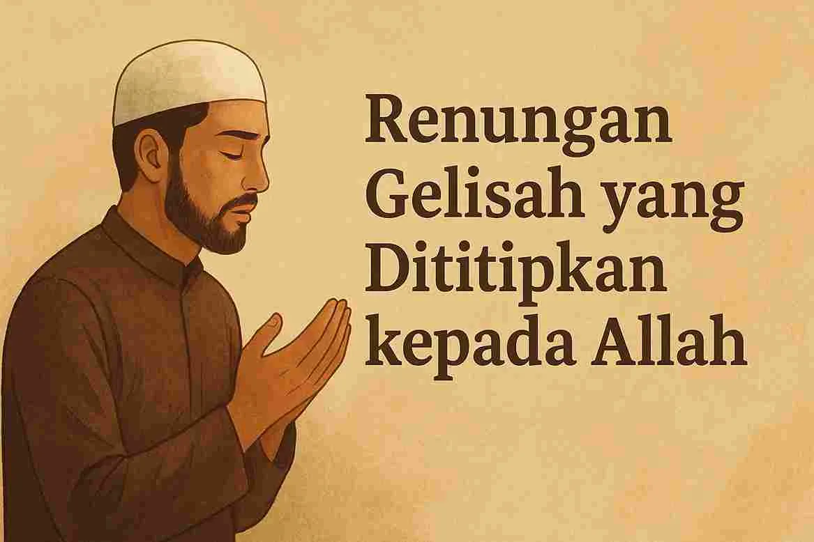 Ilustrasi seorang pria Muslim berdoa dengan tenang, menutup mata dan menengadahkan tangan, sebagai visual renungan tentang kegelisahan yang dititipkan kepada Allah.