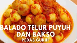 Balado telur puyuh dan bakso rumahan pedas gurih disajikan di piring putih dengan sambal merah yang menggugah selera.