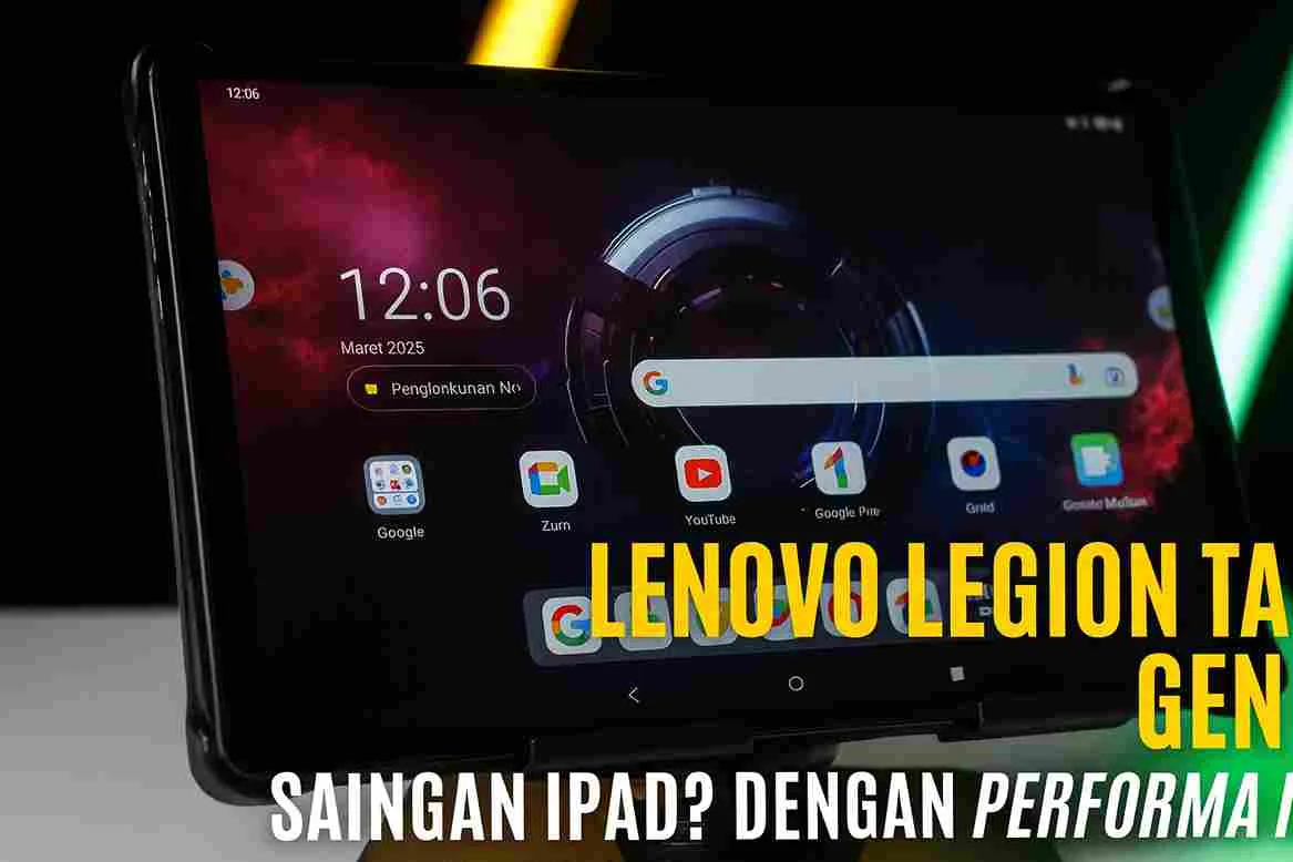 Thumbnail Lenovo Legion Tab Gen 3 dengan tampilan layar antarmuka gaming dan judul artikel tentang tablet gaming saingan iPad.