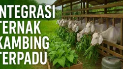 Peternakan kambing terpadu di pedesaan dengan kandang panggung, kambing sedang makan rumput hijau segar di samping kebun sayur yang subur.