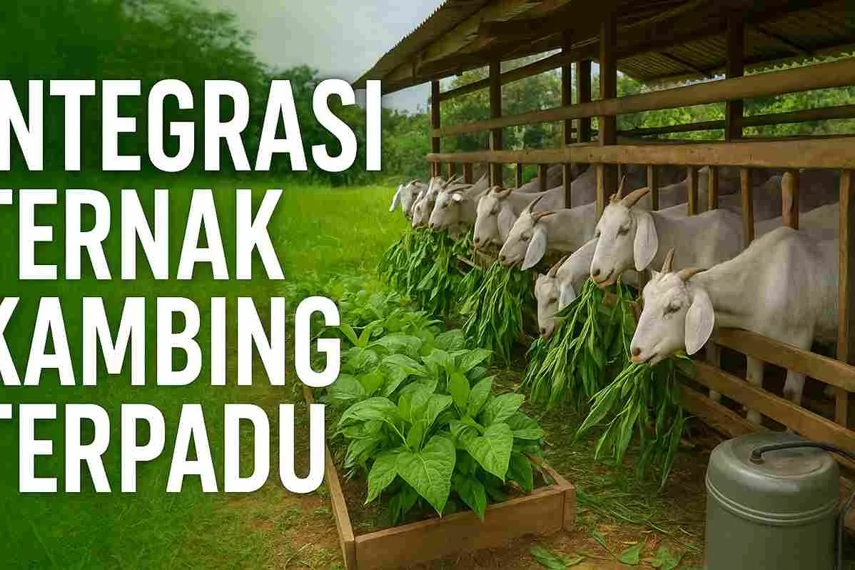 Peternakan kambing terpadu di pedesaan dengan kandang panggung, kambing sedang makan rumput hijau segar di samping kebun sayur yang subur.