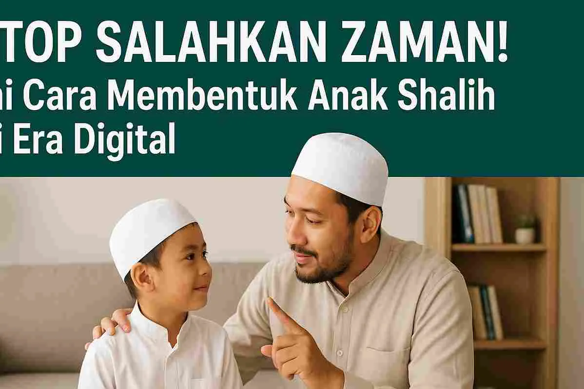 Ayah Muslim tersenyum sambil menasihati anak laki-lakinya di ruang keluarga, nuansa hangat dan penuh kasih.
