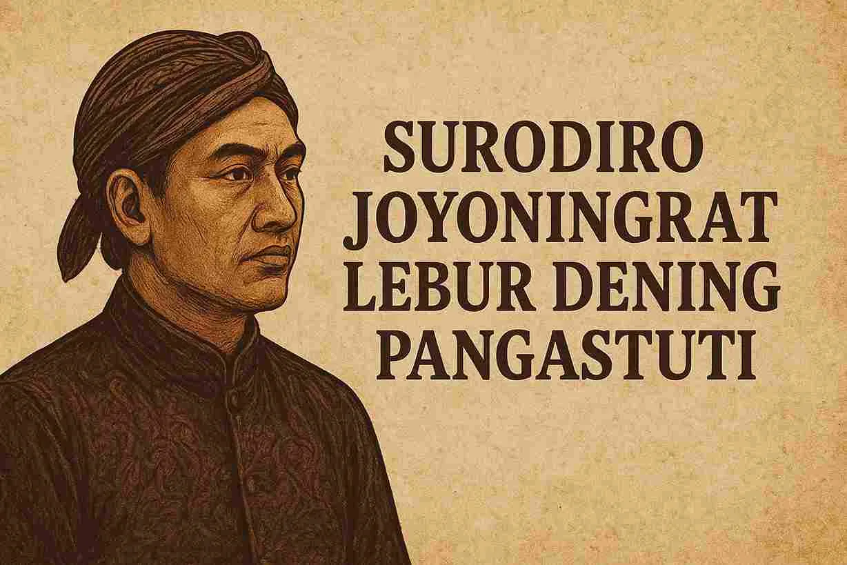 Ilustrasi pria Jawa berblangkon dengan gaya vintage disertai teks “Surodiro Joyoningrat Lebur Dening Pangastuti” sebagai representasi filosofi Jawa tentang meluluhkan angkara dengan kelembutan.