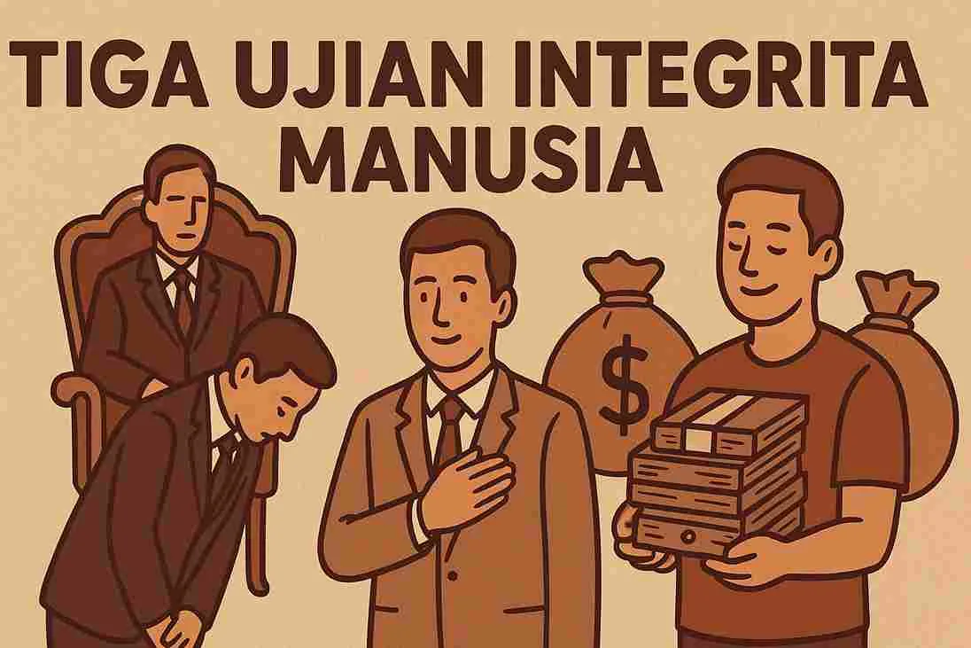 Ilustrasi tiga ujian integritas manusia — kedekatan dengan penguasa, memegang jabatan, dan mendadak kaya — digambarkan dengan tiga sosok laki-laki berjas dan berlatar warna hangat.