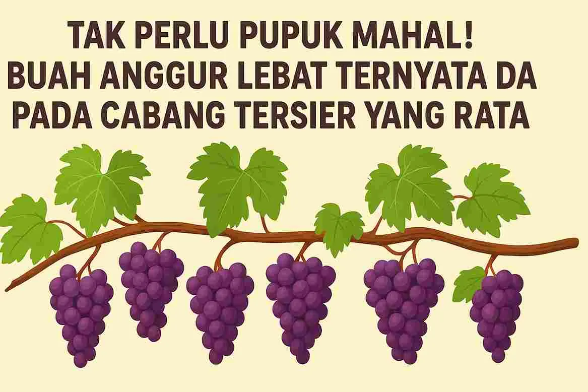 Ilustrasi cabang anggur dengan daun hijau dan buah ungu yang tumbuh merata pada cabang tersier, disertai judul artikel tentang teknik meratakan cabang untuk hasil panen lebat.