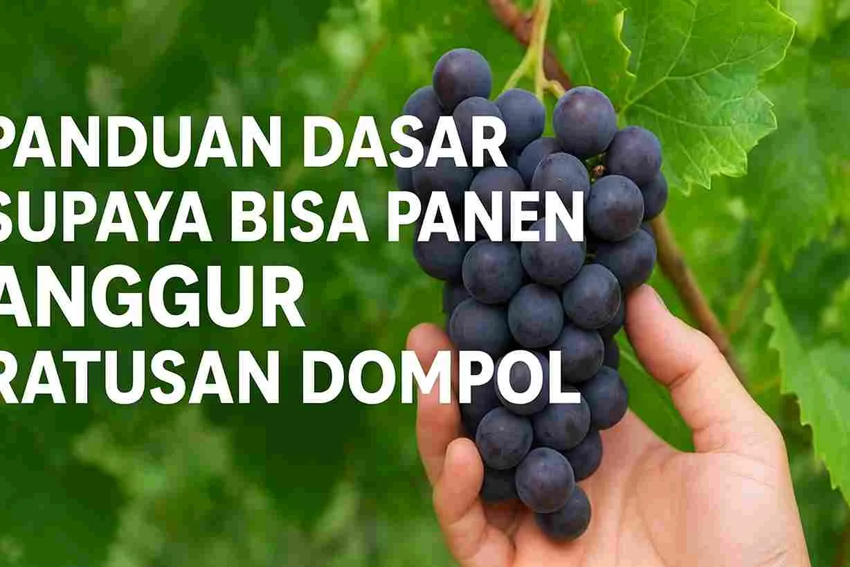 "Thumbnail panduan dasar budidaya anggur untuk panen ratusan dompol dengan gambar tangan memegang dompol anggur ungu segar."