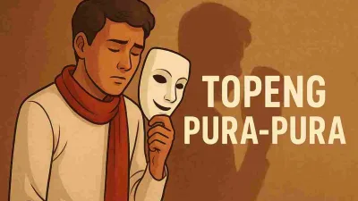 Ilustrasi seorang pria muda memegang topeng putih di depan wajahnya dengan ekspresi sedih, berlatar warna cokelat hangat, dan tulisan "Topeng Pura-Pura" di sampingnya.