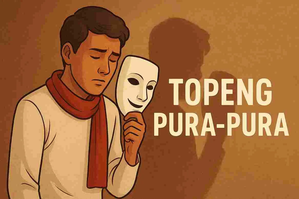 Ilustrasi seorang pria muda memegang topeng putih di depan wajahnya dengan ekspresi sedih, berlatar warna cokelat hangat, dan tulisan "Topeng Pura-Pura" di sampingnya.