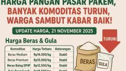 Ilustrasi update harga pangan Pasar Pakem 21 November 2025 dengan judul besar berwarna hijau dan merah, tabel harga beras dan gula, serta ikon panah turun dan gambar karung beras dan gula.