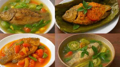 Kolase foto nyata berisi empat olahan ikan nila: asem-asem berkuah bening, pepes nila berbumbu rempah, nila saus asam manis, dan garang asem segar.
