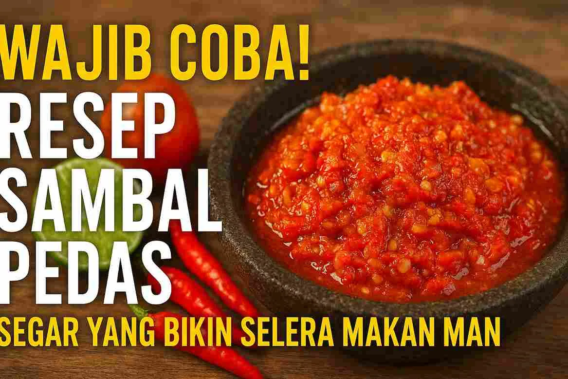 Sambal merah pedas dalam cobek batu dengan tekstur kasar dan minyak yang mengkilap, dikelilingi cabai merah, jeruk limau, dan tomat sebagai bahan utama.
