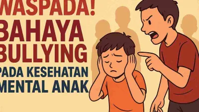 Ilustrasi seorang anak laki-laki yang menutup telinga sambil terlihat sedih karena dibully oleh temannya yang sedang berteriak dan menunjuk ke arahnya, dengan tulisan besar “Waspada! Bahaya Bullying pada Kesehatan Mental Anak”.