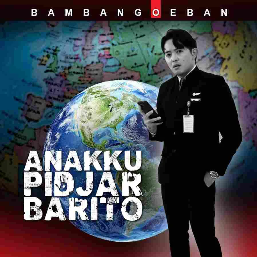 Ilustrasi visual seorang pria berseragam profesional berdiri di depan bumi dengan latar peta dunia dan judul “Anakku Pidjar Barito”.