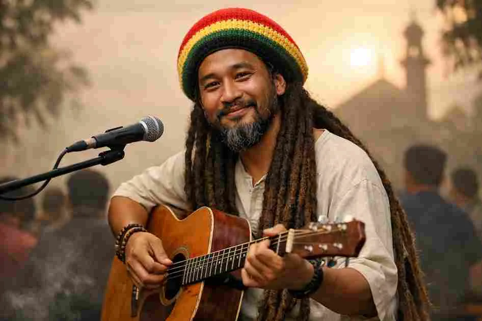 Alvin Bin Adam berdakwah dengan musik reggae, berambut gimbal dan mengenakan topi warna-warni