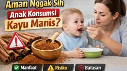 Thumbnail artikel tentang keamanan kayu manis untuk anak, menampilkan ibu yang sedang menyuapi anak dan ilustrasi kayu manis dengan ikon peringatan.