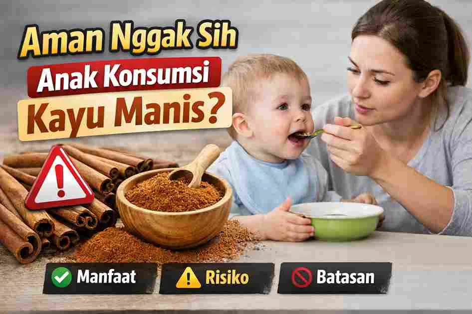 Thumbnail artikel tentang keamanan kayu manis untuk anak, menampilkan ibu yang sedang menyuapi anak dan ilustrasi kayu manis dengan ikon peringatan.