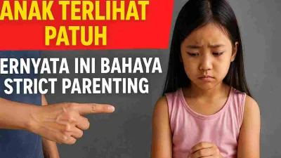Seorang anak perempuan terlihat murung saat orang tua menunjuk dengan tegas, menggambarkan dampak strict parenting pada emosi anak.
