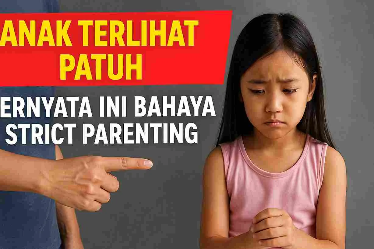 Seorang anak perempuan terlihat murung saat orang tua menunjuk dengan tegas, menggambarkan dampak strict parenting pada emosi anak.