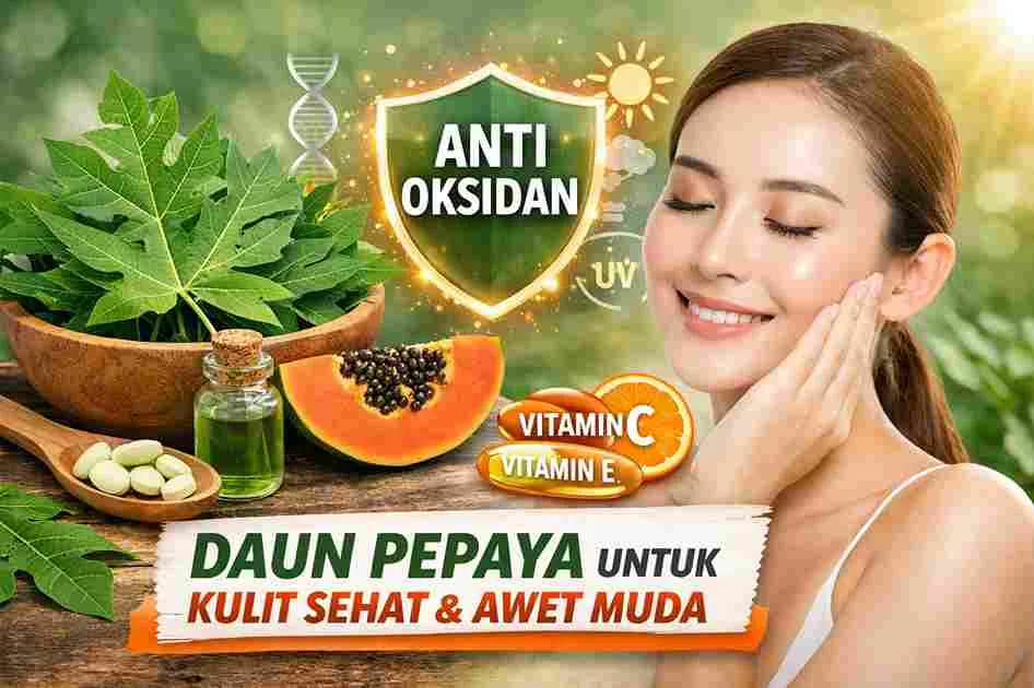 Thumbnail daun pepaya dengan ilustrasi antioksidan, vitamin C dan E, serta wanita berkulit sehat untuk artikel manfaat daun pepaya mencegah penuaan dini.