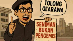 Ilustrasi satir seorang seniman memprotes di depan balai kota sambil memegang poster bertuliskan “Seniman Bukan Pengemis” dan berbicara lantang meminta perhatian pemerintah.