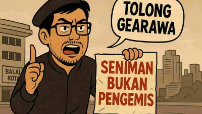 Ilustrasi satir seorang seniman memprotes di depan balai kota sambil memegang poster bertuliskan “Seniman Bukan Pengemis” dan berbicara lantang meminta perhatian pemerintah.