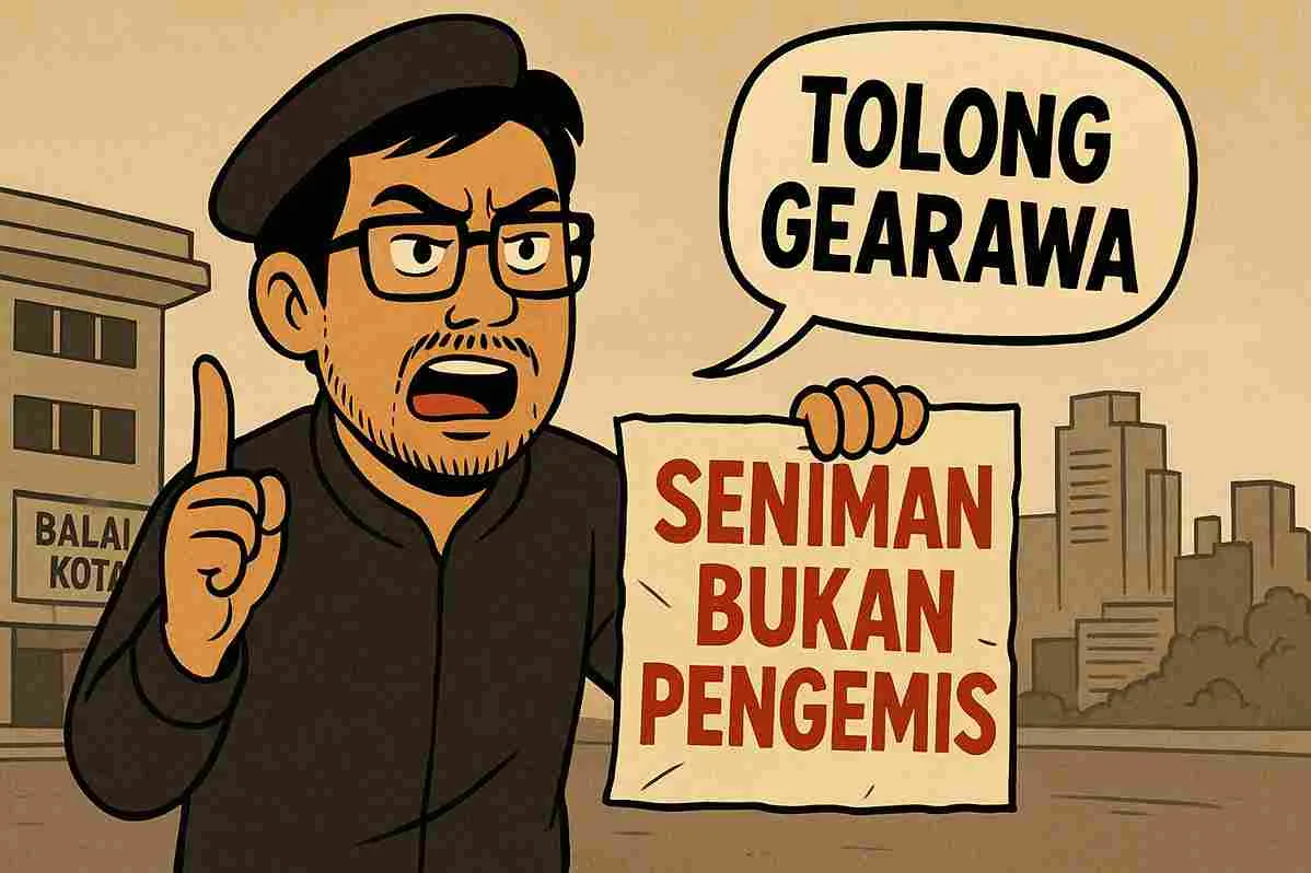 Ilustrasi satir seorang seniman memprotes di depan balai kota sambil memegang poster bertuliskan “Seniman Bukan Pengemis” dan berbicara lantang meminta perhatian pemerintah.