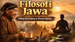 Filosofi Jawa tentang hidup bermakna digambarkan melalui tokoh Jawa, suasana tenang, dan simbol kebijaksanaan tradisional.
