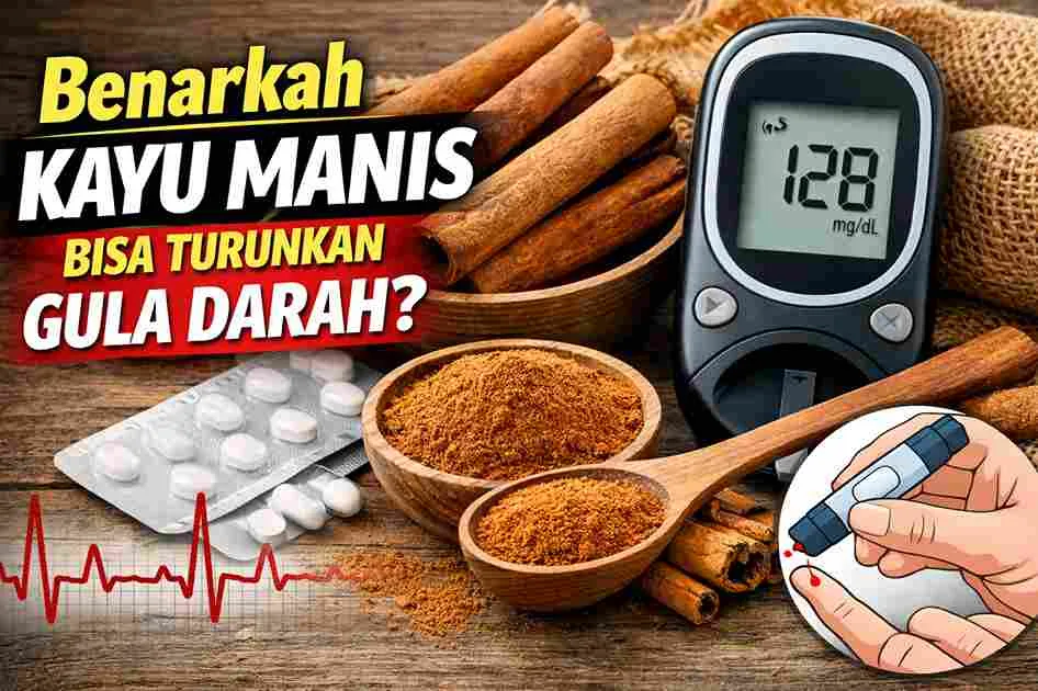 Gambar kayu manis, bubuk kayu manis, dan alat cek gula darah dengan angka 128 mg/dL sebagai ilustrasi manfaat kayu manis untuk menurunkan gula darah.