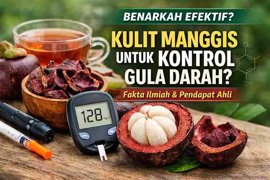 Kulit manggis kering, buah manggis, dan alat cek gula darah sebagai ilustrasi manfaat kulit manggis untuk mengontrol gula darah