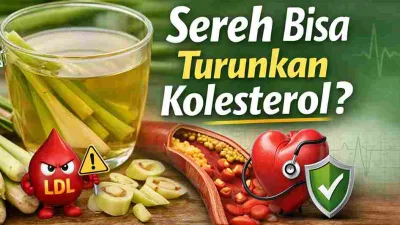 Teh sereh dengan ilustrasi kolesterol LDL dan jantung sehat sebagai simbol manfaat sereh untuk menurunkan kolesterol dan menjaga kesehatan jantung