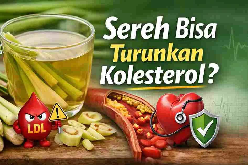 Teh sereh dengan ilustrasi kolesterol LDL dan jantung sehat sebagai simbol manfaat sereh untuk menurunkan kolesterol dan menjaga kesehatan jantung