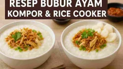 Thumbnail bubur ayam sederhana dengan topping ayam suwir, bawang goreng, dan kerupuk, dimasak menggunakan kompor dan rice cooker.