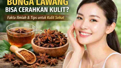Wanita berkulit cerah dengan bunga lawang dan teh star anise sebagai bahan alami untuk perawatan kulit