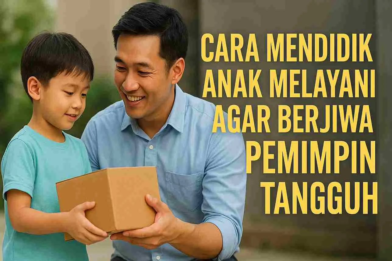 Anak sedang membantu sambil dibimbing orang tua sebagai simbol pendidikan karakter melayani dan pembentukan jiwa pemimpin tangguh