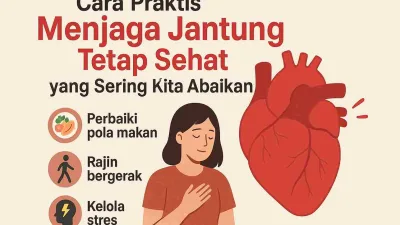 Ilustrasi edukatif tentang kesehatan jantung dengan gambar anatomi jantung, ikon pola makan sehat, aktivitas fisik, dan manajemen stres.