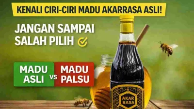 Thumbnail ciri-ciri madu Akarrasa asli menampilkan botol madu dengan perbandingan madu asli dan madu palsu