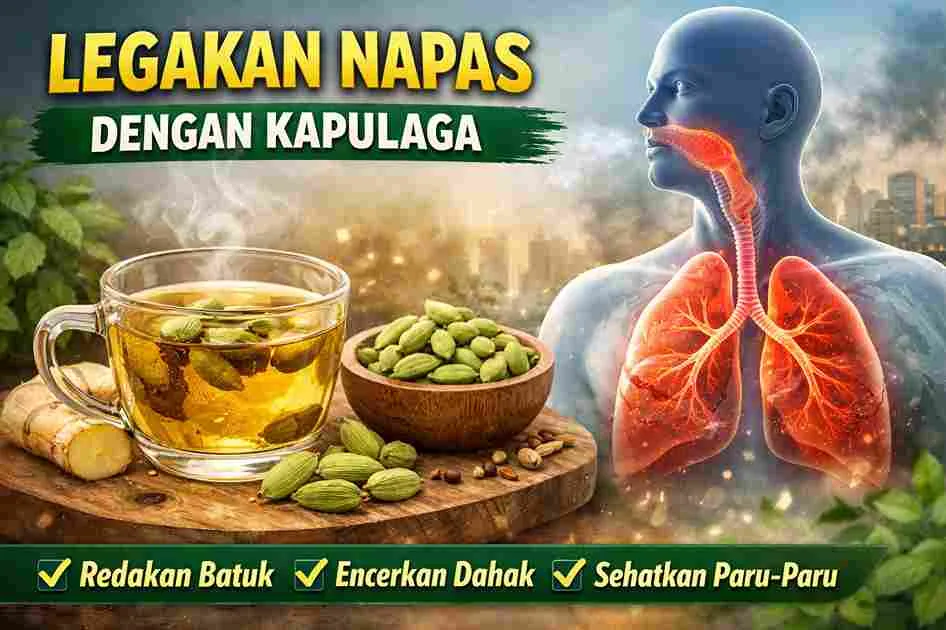 Ilustrasi teh kapulaga dengan uap hangat di samping biji kapulaga, jahe, serta visual paru-paru manusia yang tampak lebih lega.