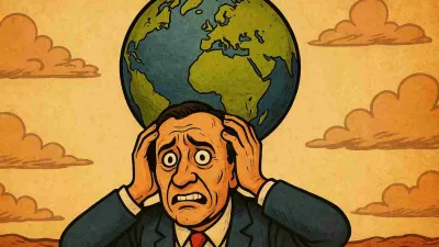 Ilustrasi satir seorang pria tertekan memegang kepala sementara bumi berada di atasnya, melambangkan manusia yang kewalahan menghadapi krisis moral dan lingkungan.