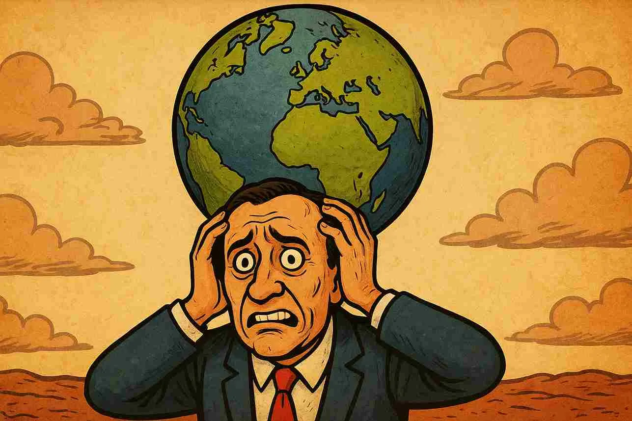 Ilustrasi satir seorang pria tertekan memegang kepala sementara bumi berada di atasnya, melambangkan manusia yang kewalahan menghadapi krisis moral dan lingkungan.